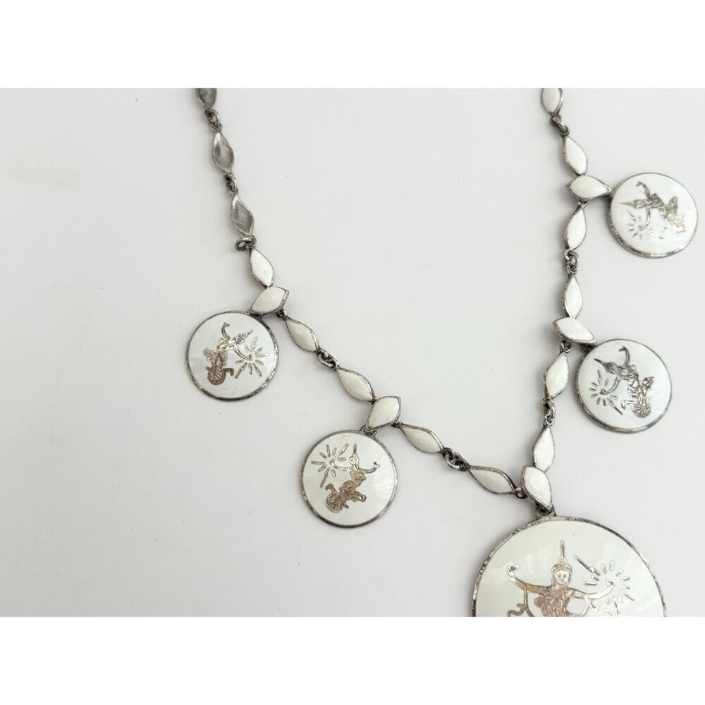 Rare Siam Sterling Silver White Multi-Figure Thai Made 30's 925 Vintage Necklace - Picture 4 of 16